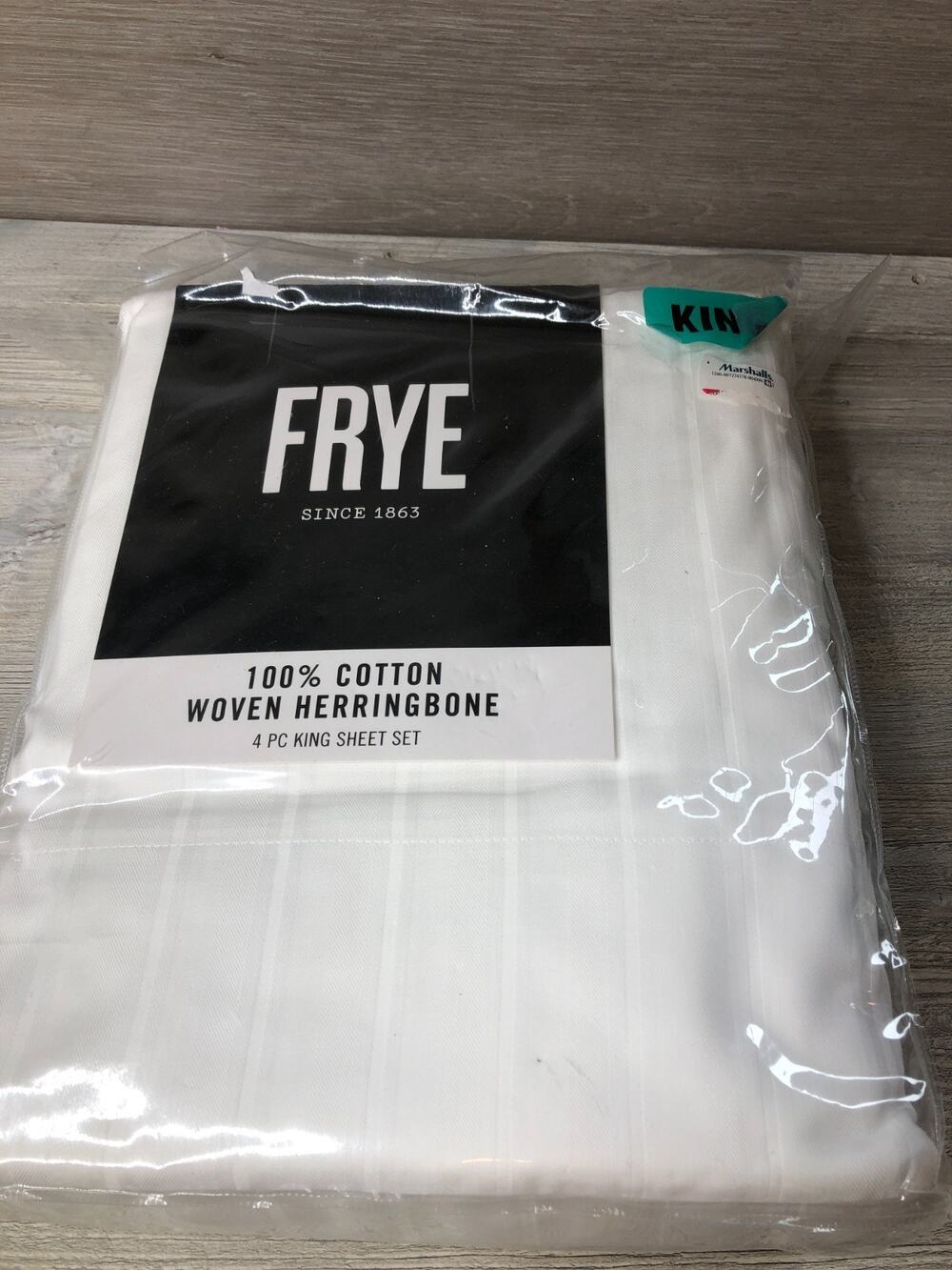NEW FRYE King Sheet Set 100% Cotton Woven Herringbone 4 PC in White-Original Bag